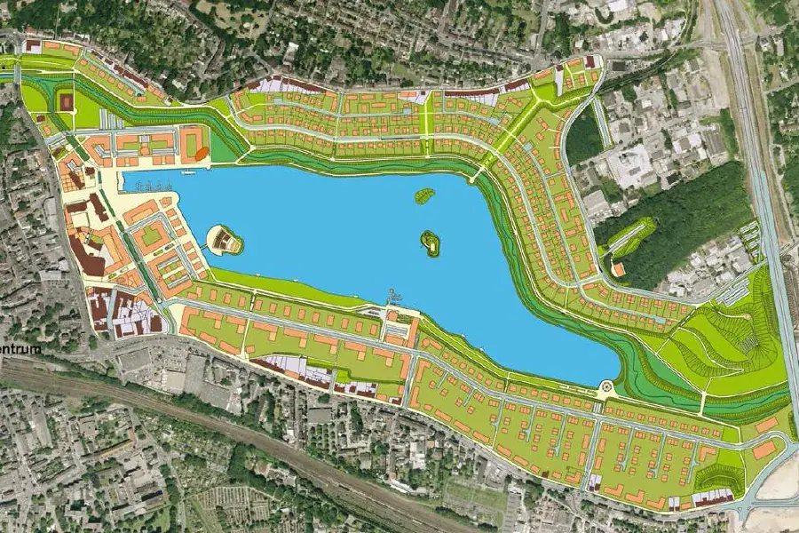 Lageplan eines Stadtquartiers an einem See